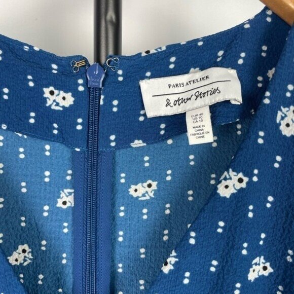 & Other Stories Blue Floral Short Sleeve Lined A-Line Dress Size 10 - Picture 3 of 7